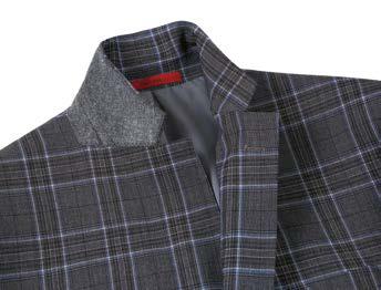 The Alessandro Vitello by Renoir Gray 2-Piece Slim Fit Checked Suit 293-28, featuring notched lapels and made from premium polyester, is ideally complemented by a white dress shirt and a purple polka dot tie for an elegant appearance.