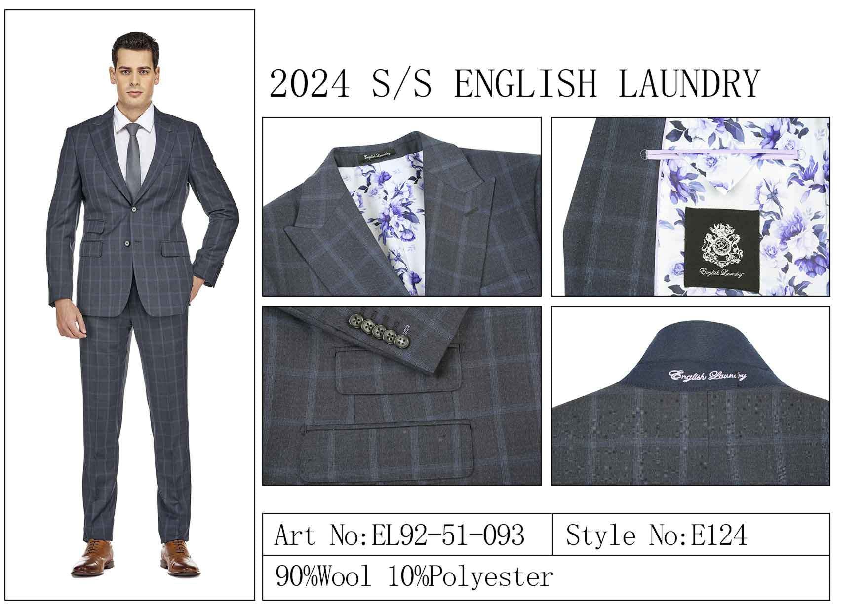 A man is wearing the ENGLISH LAUNDRY Wool Suit EL92-51-093 by English Laundry, featuring a plaid design and floral lining crafted from a blend of wool and polyester. Detailed views highlight the suit's logo, cuff buttons, and internal label, accompanied by text detailing style information and fabric composition.