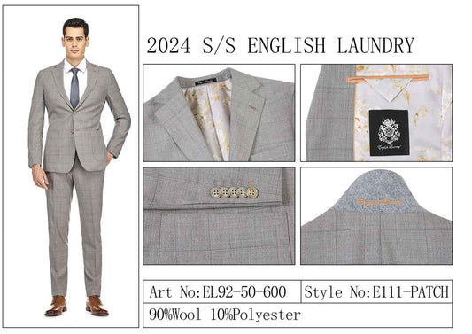 A man wearing an ENGLISH LAUNDRY Wool Suit EL92-50-600 is depicted. Close-ups showcase the jacket's fabric lining, button details, and brand label. Accompanying text features product information: 2024 S/S collection by English Laundry, made from 90% wool and 10% polyester.