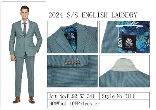 The ENGLISH LAUNDRY Wool Suit EL92-53-341 from English Laundry is a men's blue-green checkered suit with a floral lining, brand label, and unique four-button cuff detail. It is crafted from high-quality fabric comprised of 90% wool and 10% polyester. Style No: E111.