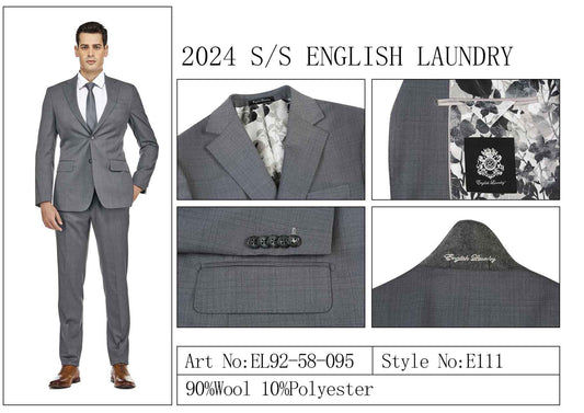 A man wearing a gray suit with a tie is highlighting its exquisite fabric blend. The close-ups display the patterned lining, brand tag from English Laundry, and pocket detail. This expertly crafted suit is made of 90% wool and 10% polyester. Style No: EL92-58-095.