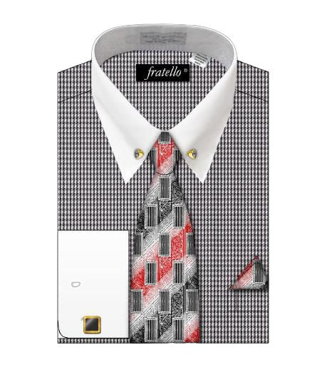 Fratello's FRATELLO HOUNDSTOOTH PATTERN SHIRT WITH COLLAR BAR DN101M in black, accompanied by a geometric red, black, and gray tie, pocket square, and matching cufflinks, is displayed on a white background.