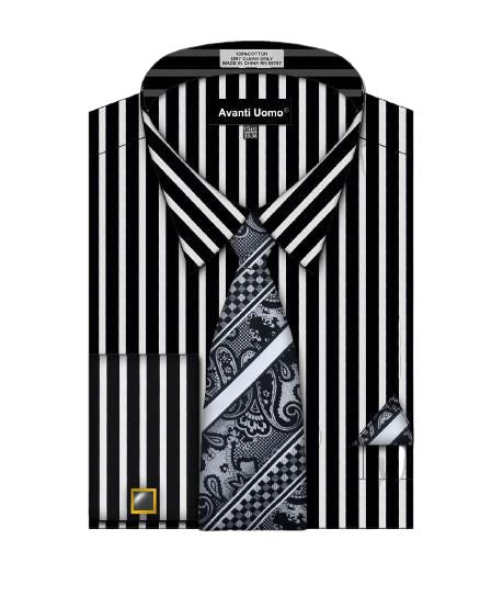 AVANTI UOMO's Bold Striped Shirt in black and white, alongside a coordinated tie and paisley-striped handkerchief set.