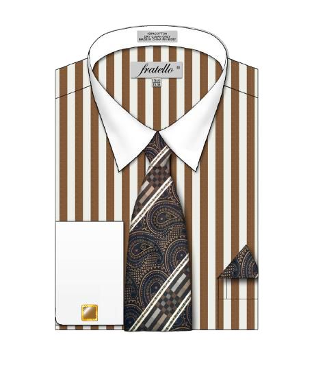 A laid-out Fratello bold striped pattern French cuff shirt in tan, accompanied by a coordinating paisley tie and pocket square.