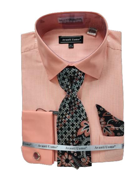 AVANTI UOMO dress shirt in coral with a jacquard pattern, complemented by a matching patterned tie and pocket square, folded neatly.