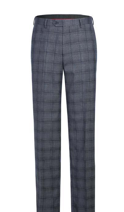 The Alessandro Vitello by Renoir features a gray 2-piece classic fit checked suit, styled on a mannequin with a tailored jacket and matching pants, complemented by a crisp white shirt and a black polka dot tie.