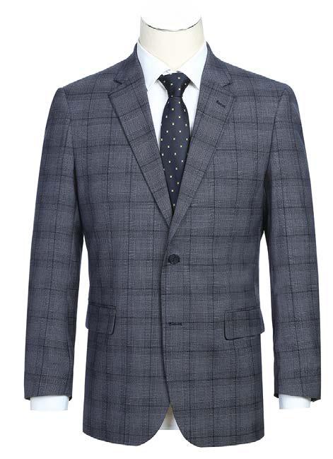 The Alessandro Vitello by Renoir features a gray 2-piece classic fit checked suit, styled on a mannequin with a tailored jacket and matching pants, complemented by a crisp white shirt and a black polka dot tie.