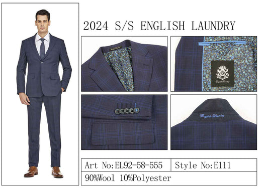 A man in a plaid suit stands beside close-up details of the jacket, emphasizing its exquisite fabric blend. The text highlights the brand and material composition: English Laundry’s elegant ENGLISH LAUNDRY Wool Suit EL92-58-555 features a sophisticated mix of wool and polyester for optimal comfort and elegance.