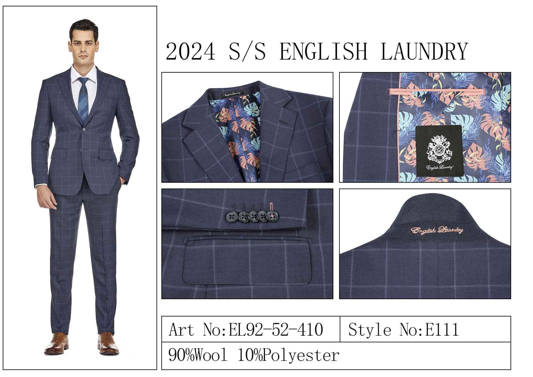 A man in a blue plaid suit stands beside detailed close-ups showcasing the floral interior lining, buttons, and label of the Wool Suit EL92-52-410 from English Laundry. The text reads "2024 S/S English Laundry" along with fabric details and style information.