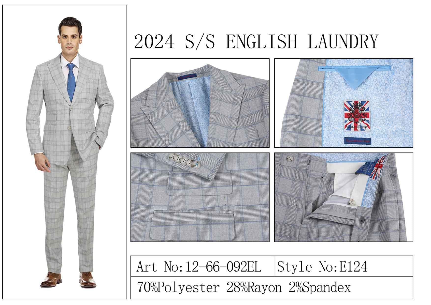 Men's gray checkered TR suit from English Laundry, paired with a blue tie. The design emphasizes the interior lining, detailed button close-ups, and waistband features. It's crafted from a comfortable blend of 70% polyester, 28% rayon, and 2% spandex. Style: E124. Art No: 12-66-092EL (ENGLISH LAUNDRY TR Suit).