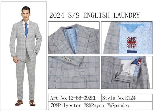 Men's gray checkered TR suit from English Laundry, paired with a blue tie. The design emphasizes the interior lining, detailed button close-ups, and waistband features. It's crafted from a comfortable blend of 70% polyester, 28% rayon, and 2% spandex. Style: E124. Art No: 12-66-092EL (ENGLISH LAUNDRY TR Suit).