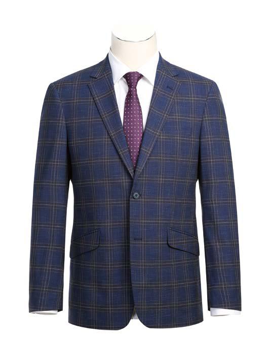 The Alessandro Vitello by Renoir Blue Slim Fit Side Vented Blazer 294-19 boasts a sleek notch lapel and slim fit, making it an ideal match with a white shirt and purple polka dot tie, all elegantly presented on a mannequin.