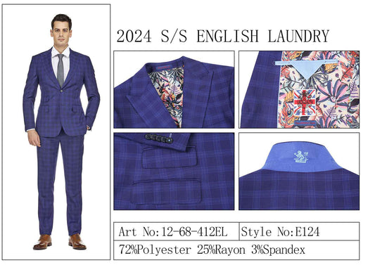 Man in an ENGLISH LAUNDRY TR Suit 12-68-412EL, featuring a blue plaid design with floral lining, shown with various close-ups. The text highlights the fabric composition of polyester, rayon, and spandex. Style No: E124. Art No: 12-68-412EL by English Laundry.