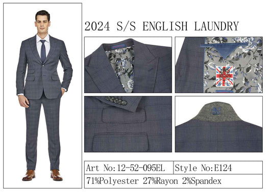 A gentleman wearing an English Laundry suit is showcased, with close-ups revealing the intricate buttons, floral lining, and collar. The text mentions the 2024 English Laundry collection, emphasizing the fabric composition of Rayon and Polyester, and highlighting style number 12-52-095EL.