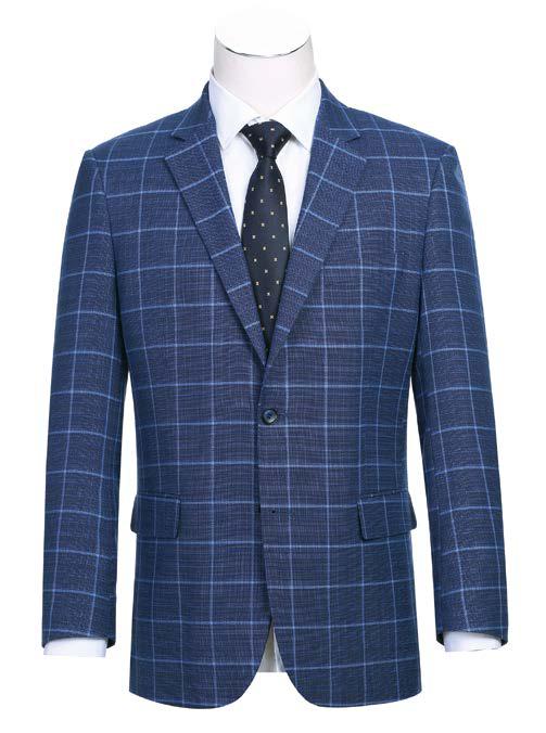 The Alessandro Vitello by Renoir Blue Classic Fit Side Vented Blazer 294-22, with its single-breasted design and single button, perfectly complements a white dress shirt and a dark, dotted tie.