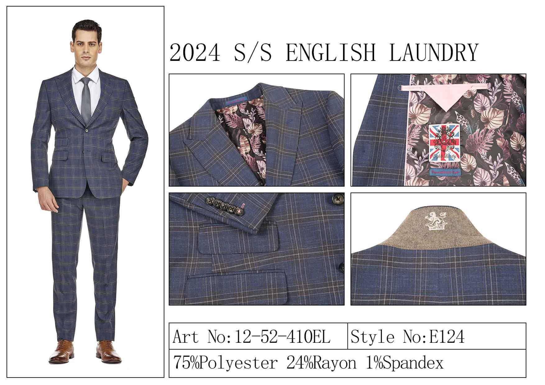 An individual dressed in the English Laundry TR Suit 12-52-410EL, a blue plaid ensemble made from a Polyester and Rayon blend, stands by as close-up views reveal the suit's buttons, lining, and label. The fabric is enhanced with a touch of Spandex for increased comfort.