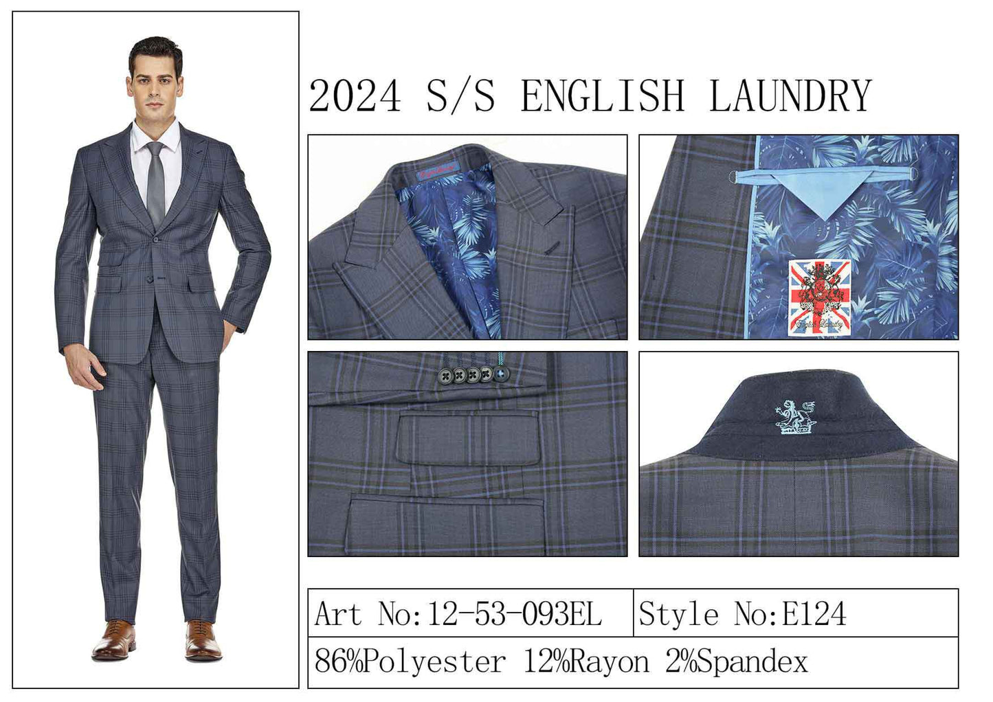 A man in a plaid suit stands beside three close-up images highlighting the luxurious lining and intricate details of the ENGLISH LAUNDRY TR Suit 12-53-093EL by English Laundry. Crafted from 86% polyester, 12% rayon, and 2% spandex, this ensemble offers both comfort and style. Style No: E124.