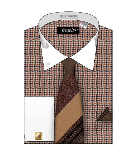 Fratello Houndstooth Woven Fabric Shirt in Beige from the Fratello brand, featuring a classic design with a white collar, is complemented by a matching striped brown tie and a coordinating brown handkerchief in the pocket.