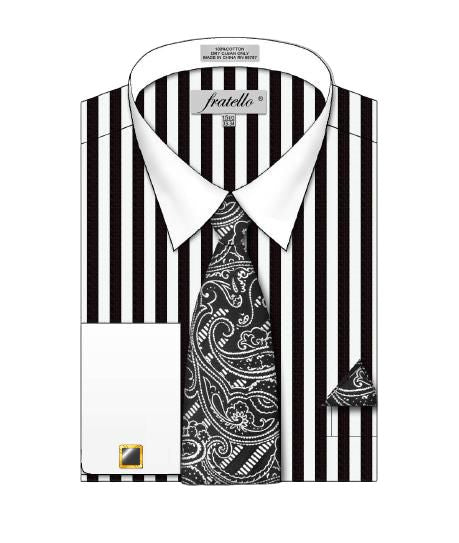 Fratello's FRV4159P2 BK/WH bold striped pattern French cuff shirt in black and white comes with a paisley tie, matching pocket square, and features a cufflink on the left sleeve.