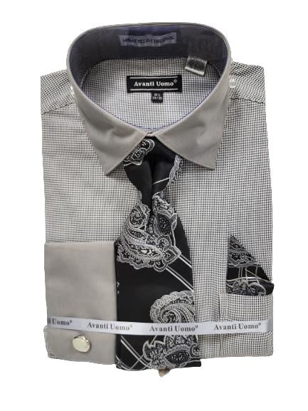 A folded dress shirt in gray with white checks is paired with a black paisley tie and a coordinated pocket square, all branded under "AVANTI UOMO.