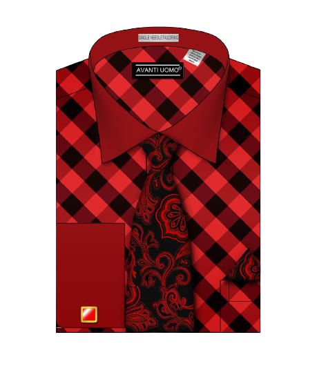 AVANTI UOMO diagonal block check dress shirt with body tone collar and cuffs in red, paired with a matching paisley-patterned tie and handkerchief.