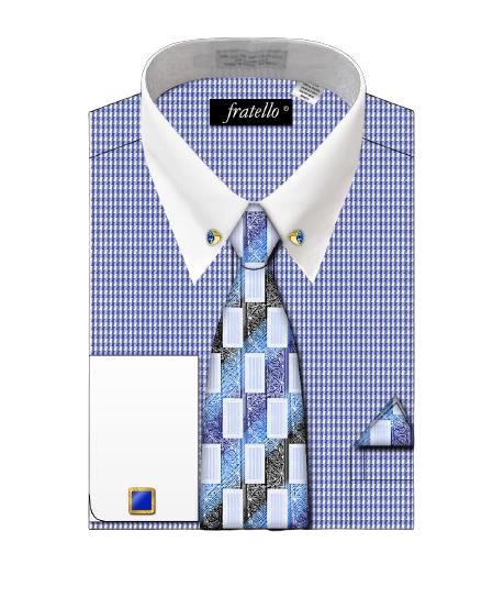 Fratello's blue houndstooth pattern shirt, featuring a collar bar, is elegantly paired with a blue patterned tie and matching pocket square.