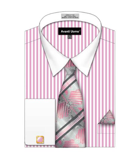 Illustration of the AVANTI UOMO DN126M pink and white striped pattern dress shirt with a floral-patterned tie and folded pocket square.