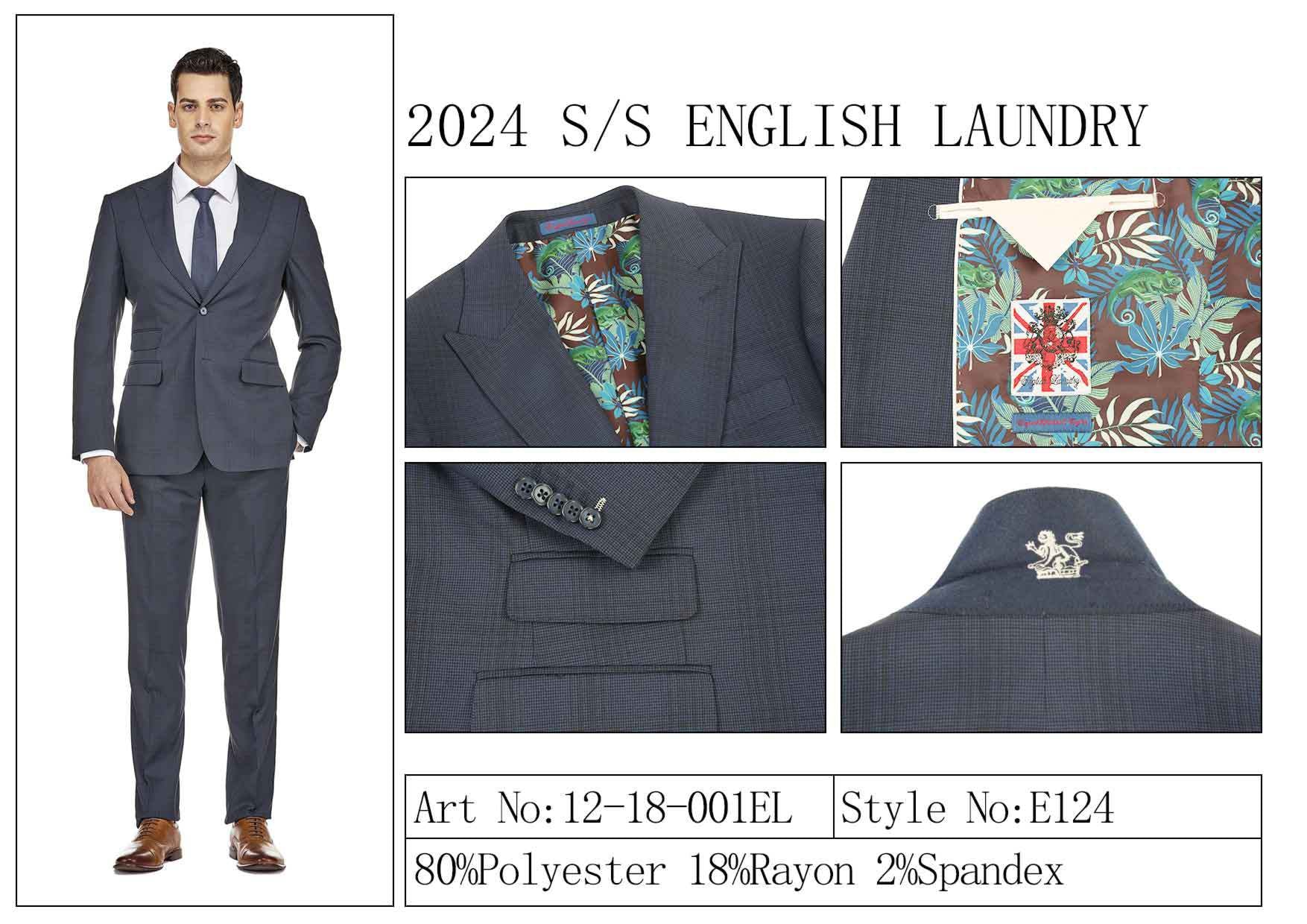 A man in a blue suit featuring floral lining; crafted from a polyester blend fabric with button details and embroidery. The text reads: "2024 S/S ENGLISH LAUNDRY TR Suit 12-18-001EL, Style No: E124," by English Laundry.