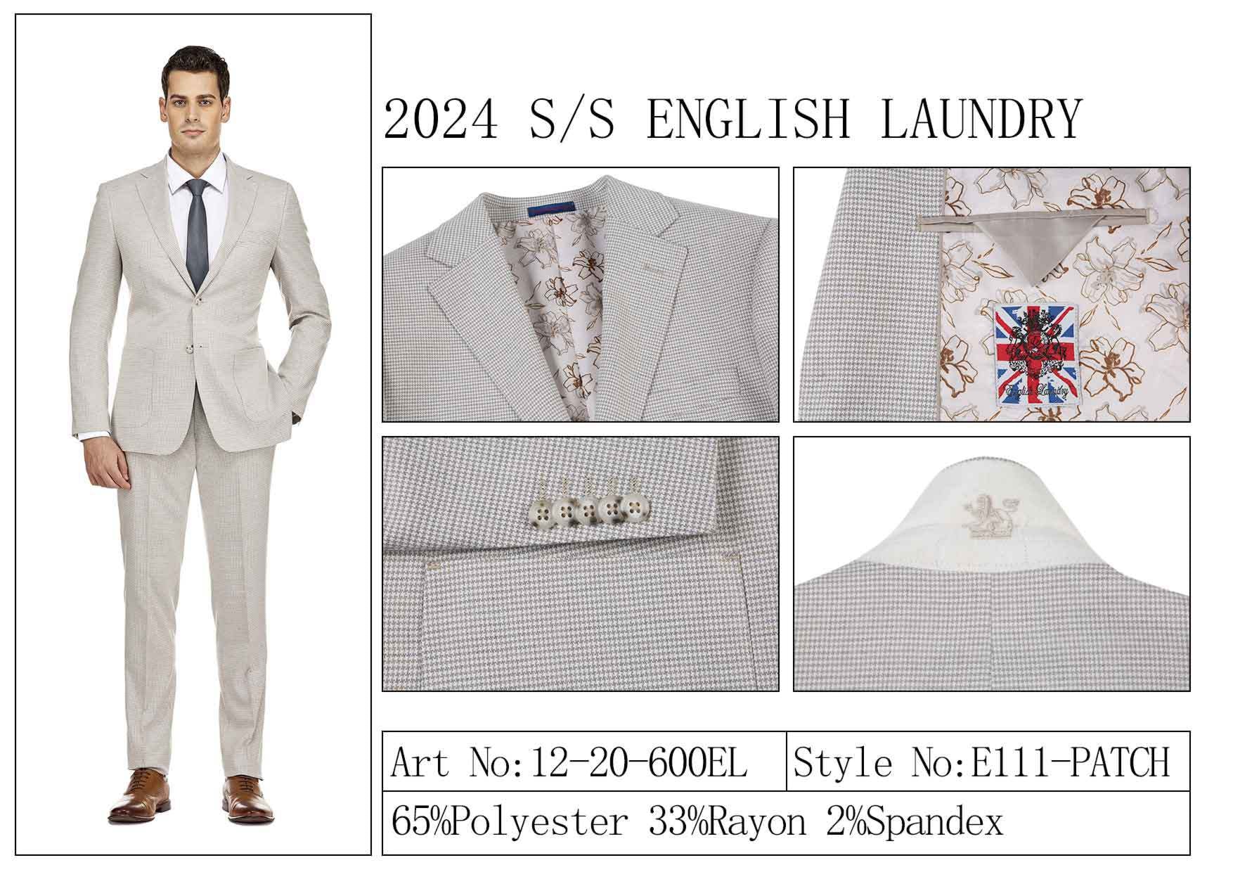 English Laundry's ENGLISH LAUNDRY TR Suit 12-20-600EL for men features a light gray design with a stylish floral lining and a Union Jack patch inside. It is crafted from a blend of 65% polyester, 33% rayon, and 2% spandex for optimal comfort and durability. Style No: E111-PATCH, Art No: 12-20-600EL.