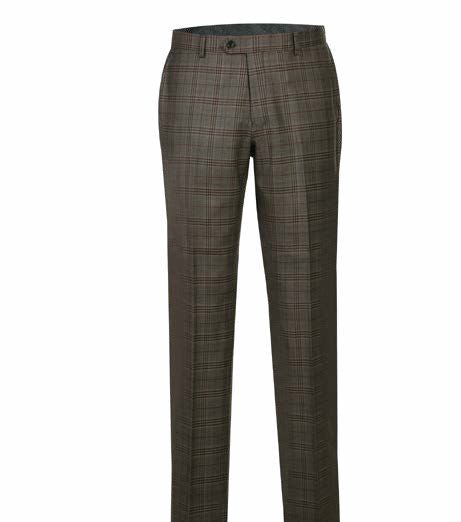 The Alessandro Vitello by Renoir 2-Piece New Slim Fit Suit 563-12 features a 100% wool plaid jacket with a notch lapel and single button, showcased on a mannequin. The look is completed with a crisp white shirt, patterned tie, and stylish blue pocket square.