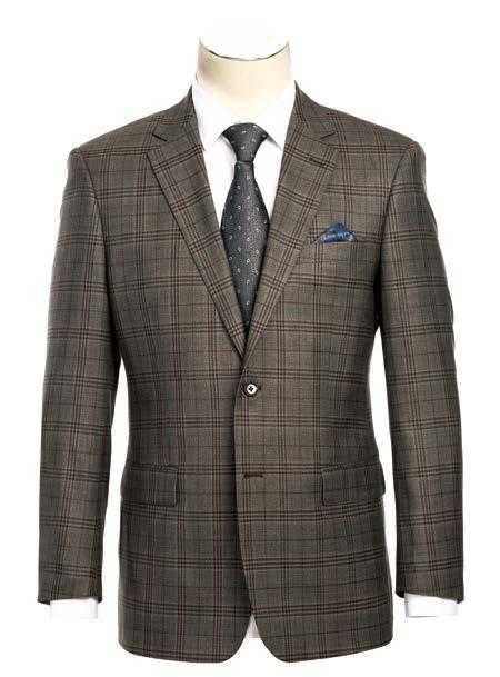 The Alessandro Vitello by Renoir 2-Piece New Slim Fit Suit 563-12 features a 100% wool plaid jacket with a notch lapel and single button, showcased on a mannequin. The look is completed with a crisp white shirt, patterned tie, and stylish blue pocket square.