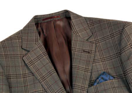 The Alessandro Vitello by Renoir 2-Piece New Slim Fit Suit 563-12 features a 100% wool plaid jacket with a notch lapel and single button, showcased on a mannequin. The look is completed with a crisp white shirt, patterned tie, and stylish blue pocket square.