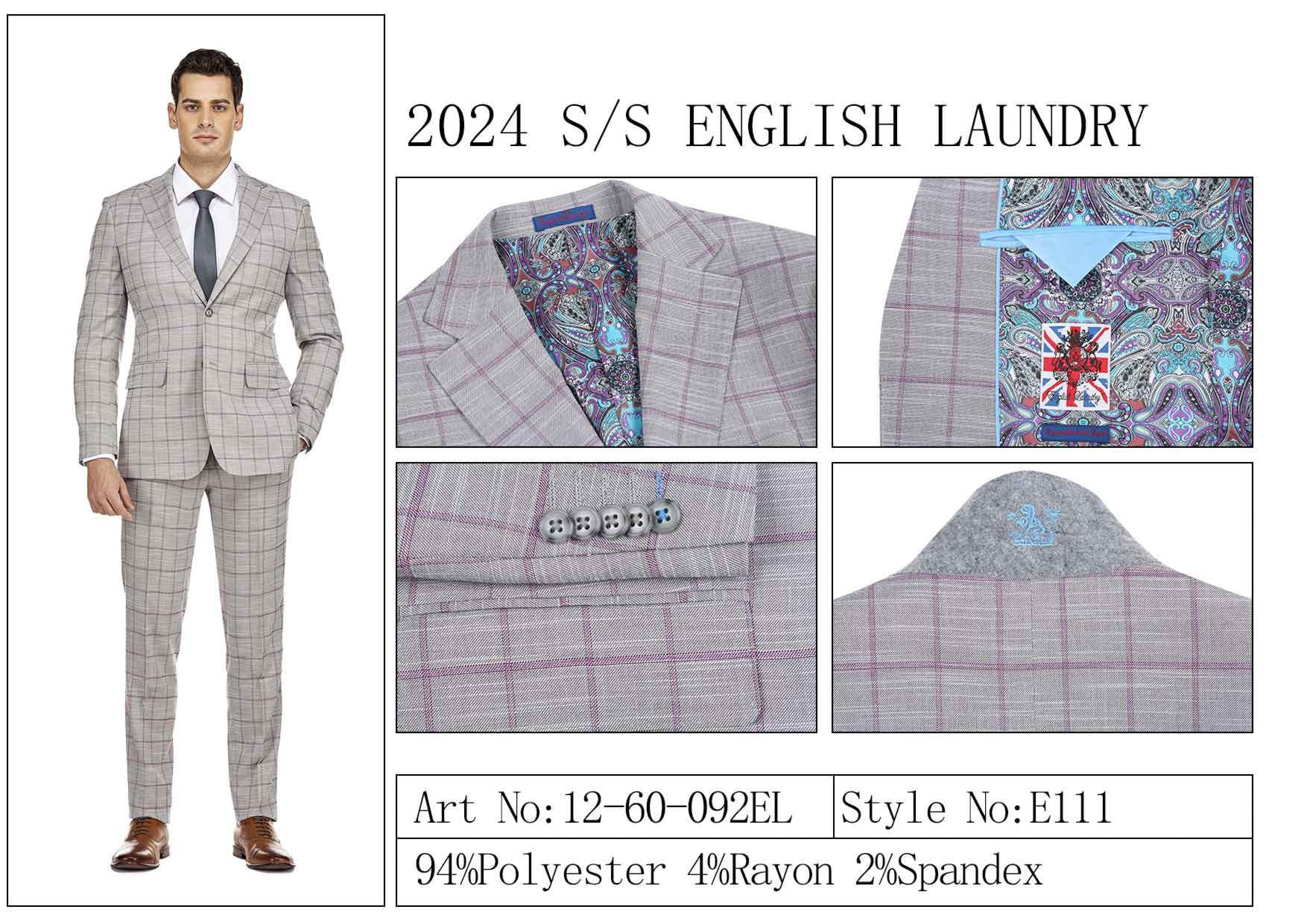 A man in the ENGLISH LAUNDRY TR Suit by English Laundry exudes elegance in a light gray plaid ensemble. Close-ups highlight the intricate paisley lining, blue under-collar detail, and sophisticated button design. Crafted with 94% polyester along with rayon and spandex for added comfort, this suit is a testament to impeccable style. Art No: 12-60-092EL.