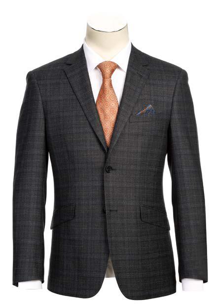 A mannequin showcases the Alessandro Vitello by Renoir 2-Piece New Slim Fit Suit 563-8, consisting of a dark gray plaid wool jacket with notch lapel and flat front pants, paired with a white shirt, an orange patterned tie, and a pocket square.