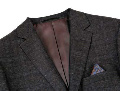 A mannequin showcases the Alessandro Vitello by Renoir 2-Piece New Slim Fit Suit 563-8, consisting of a dark gray plaid wool jacket with notch lapel and flat front pants, paired with a white shirt, an orange patterned tie, and a pocket square.