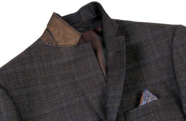 A mannequin showcases the Alessandro Vitello by Renoir 2-Piece New Slim Fit Suit 563-8, consisting of a dark gray plaid wool jacket with notch lapel and flat front pants, paired with a white shirt, an orange patterned tie, and a pocket square.