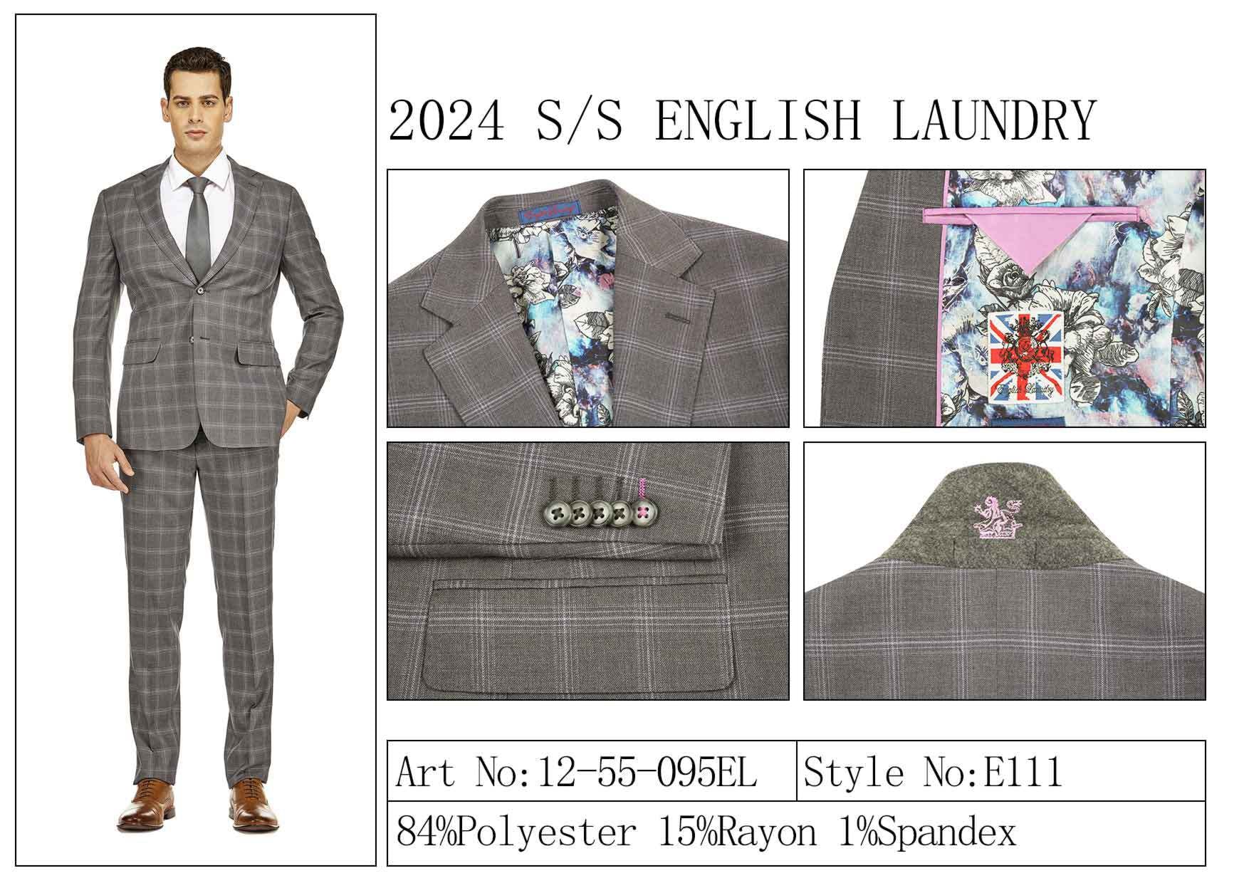 A man in a plaid suit is positioned beside detailed images that highlight the fabric, buttons, inner lining, and labels of the suit. The label reads "2024 S/S ENGLISH LAUNDRY TR Suit 12-55-095EL," showcasing the sophisticated blend of rayon, polyester, and a touch of spandex for comfort.