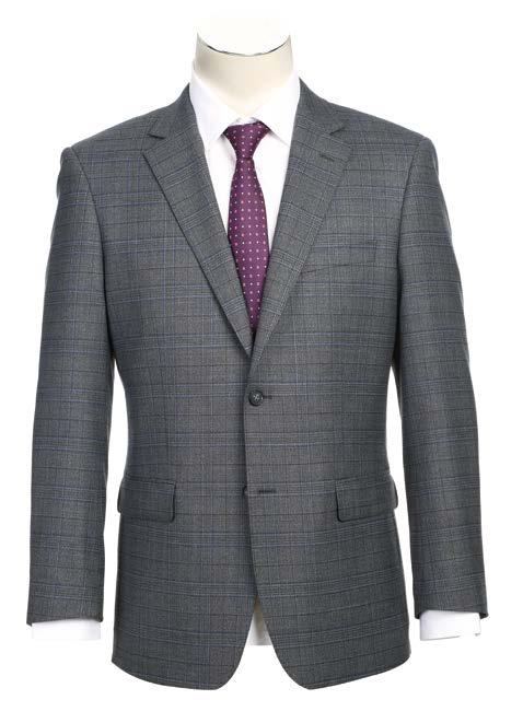 Displayed on a mannequin is the Alessandro Vitello by Renoir 2-Piece Classic Fit Suit 564-7, featuring a gray plaid wool jacket with a classic notch lapel, complemented by a white shirt and a purple polka dot tie.