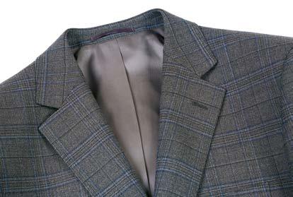 Displayed on a mannequin is the Alessandro Vitello by Renoir 2-Piece Classic Fit Suit 564-7, featuring a gray plaid wool jacket with a classic notch lapel, complemented by a white shirt and a purple polka dot tie.