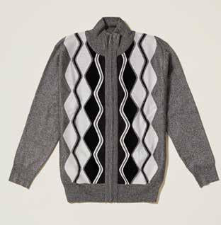 The Inserch Ripple Panel Instarsia Full Zip Sweater SW605-33 in grey showcases a regular fit and a striking black and white geometric diamond pattern on the front.