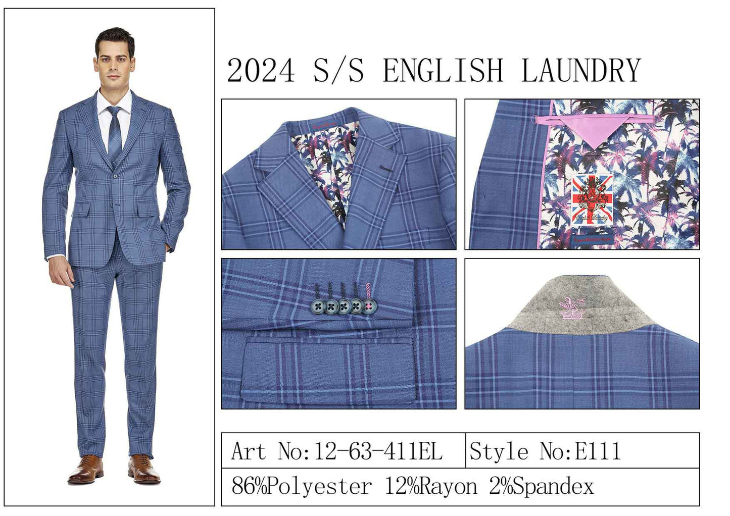 A man dressed in an English Laundry TR Suit 12-63-411EL, featuring a blue plaid design. Close-ups showcase the detailed floral lining, carefully designed button accents, and a fabric composition of 86% polyester, 12% rayon, and 2% spandex. Style No: E111.