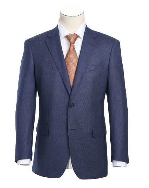 The Alessandro Vitello by Renoir 2-Piece Classic Fit Suit 564-6, in a striking blue, pairs elegantly with a crisp white shirt and an orange patterned tie, all perfectly showcased on a mannequin. The suit's notch lapel adds a touch of modern sophistication to this classic ensemble.