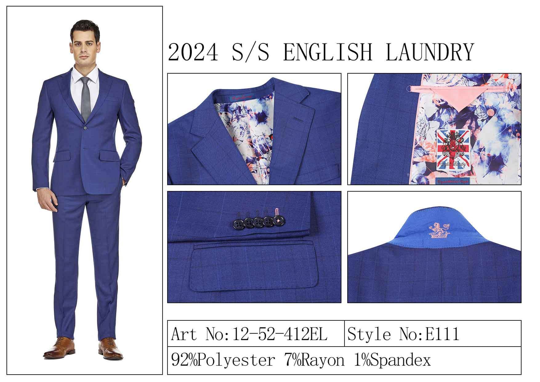 Introducing the English Laundry TR Suit 12-52-412EL: a men's blue suit featuring a floral lining and crafted from a premium blend of 92% polyester, 7% rayon, and 1% spandex. This elegant piece is designed with peak lapels, a two-button closure, and detailed stitching. Style No: E111 from the renowned brand English Laundry.