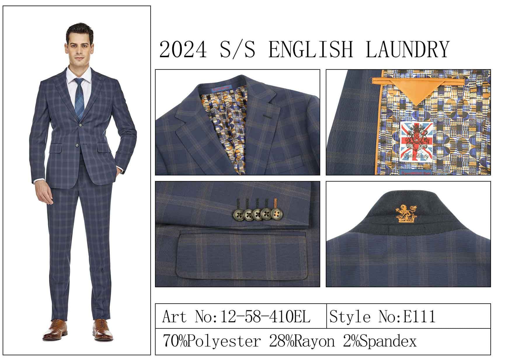 A man showcasing the ENGLISH LAUNDRY TR Suit 12-58-410EL by English Laundry, featuring multiple close-up shots that emphasize the intricate button details, distinctive patterned lining, and precise stitching. The accompanying text highlights its fabric composition of a polyester and rayon blend, providing style insights for an impeccable finish.