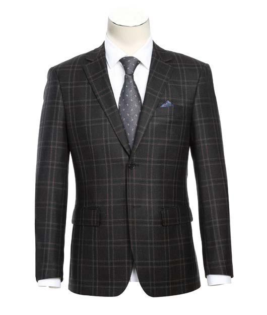 The Alessandro Vitello by Renoir New Slim Fit Side Vented Blazer 563-11 features a dark plaid wool design and a classic notch lapel. Elegantly displayed on a mannequin, it is complemented by a crisp white shirt and patterned tie, with the side vent adding an additional layer of sophistication to this timeless ensemble.