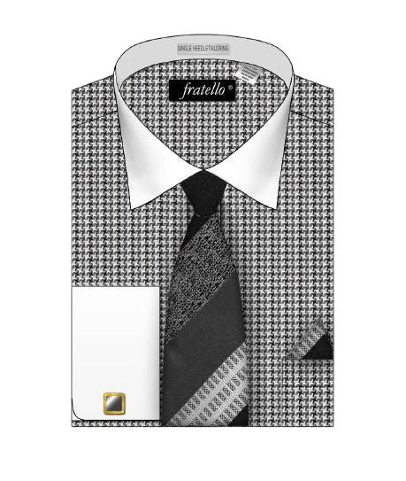 A Fratello houndstooth woven fabric shirt (FRV4157P2) in black, featuring a white collar and cuffs, paired with a black and gray striped tie and gold cufflinks.