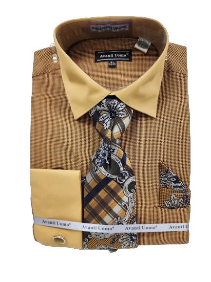 AVANTI UOMO's men's dress shirt in mustard, featuring a paisley and plaid pattern, comes complete with a matching tie and pocket square.