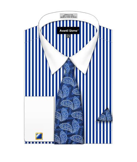 AVANTI UOMO's DN126M Blue shirt features a striking striped pattern with a white collar, complemented by a folded blue paisley tie and matching pocket square.