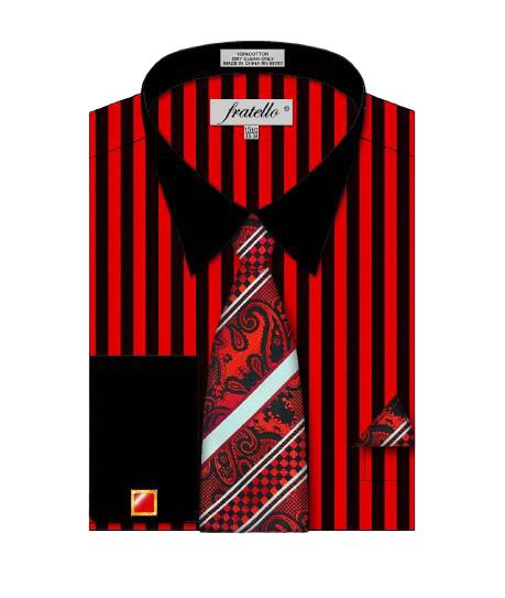 Fratello's FRV4159P2 BK/RED shirt features bold red and black stripes, complemented by a matching tie with paisley and stripe patterns, along with a black collar, cuffs, and pocket square.