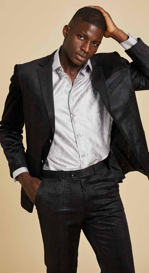 Person in an Inserch Suede Snake Skin Blazer BL268-01 Black, paired with a patterned silver shirt, poses with hand on head against a plain background.